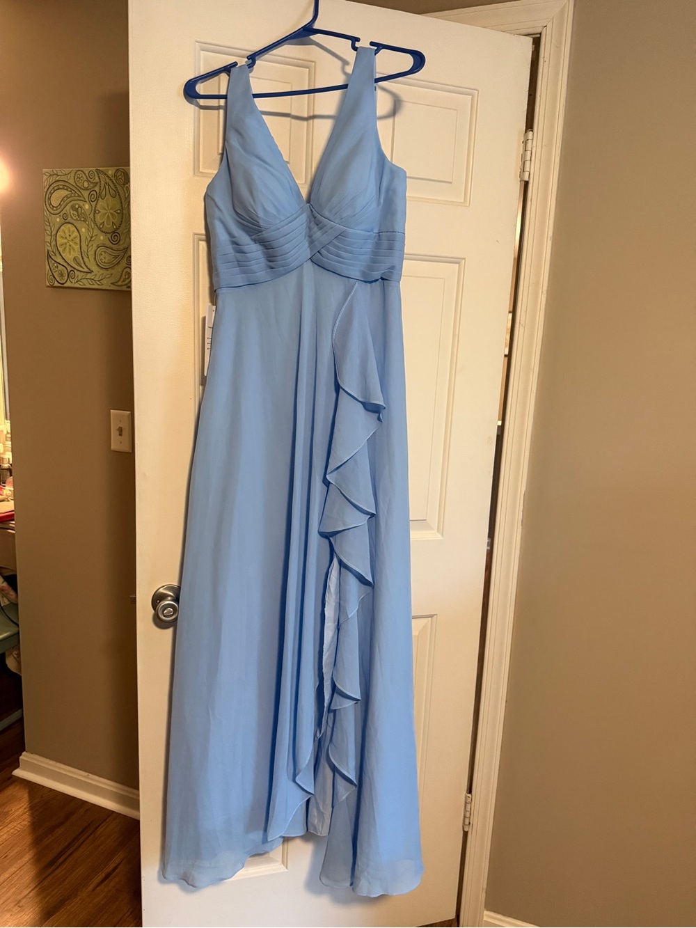 Elegant Light Blue V-Neck Ruffle Maxi Dress